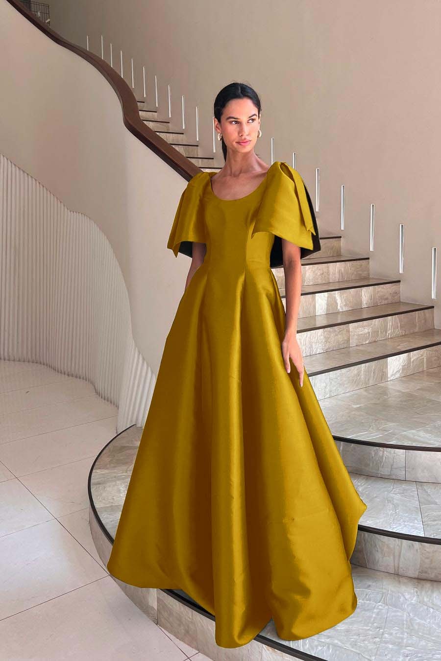 Jewel Neck Short Sleeves Long A Line Prom Dress With Pleated