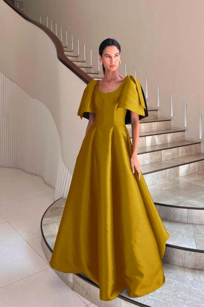 Jewel Neck Short Sleeves Long A Line Prom Dress With Pleated