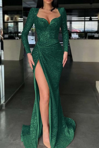 Long Sleeves High Split Long Prom Dress Mermaid With Sequins