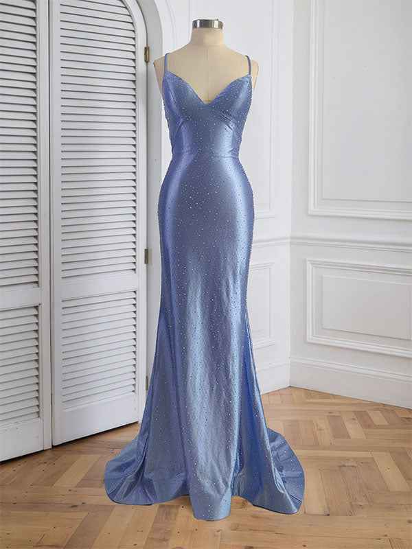 Blue Mermaid Spaghetti Straps V-Neck Rhinestone Prom Dress