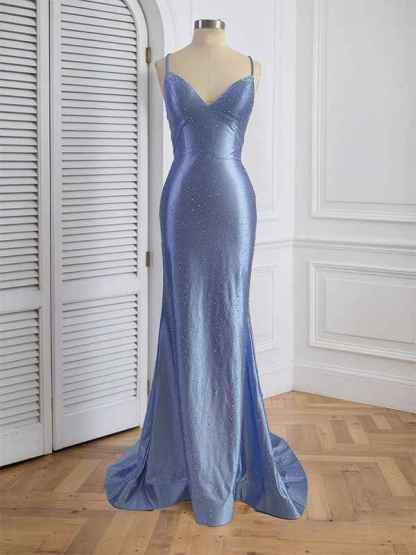 Blue Mermaid Spaghetti Straps V-Neck Rhinestone Prom Dress