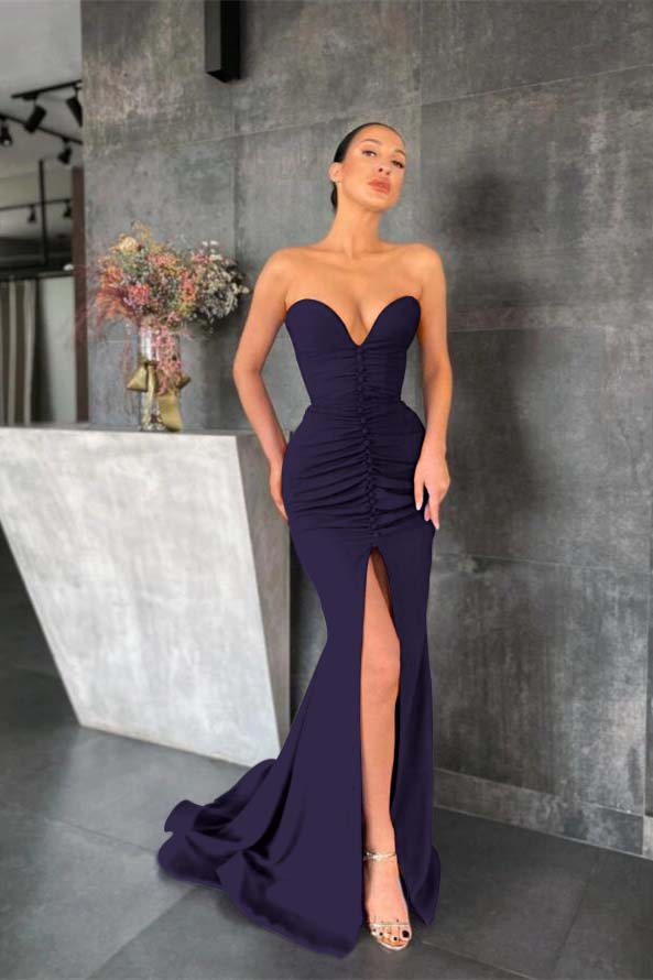 Sleeveless Strapless Long Mermaid Prom Dress With Pleated Split