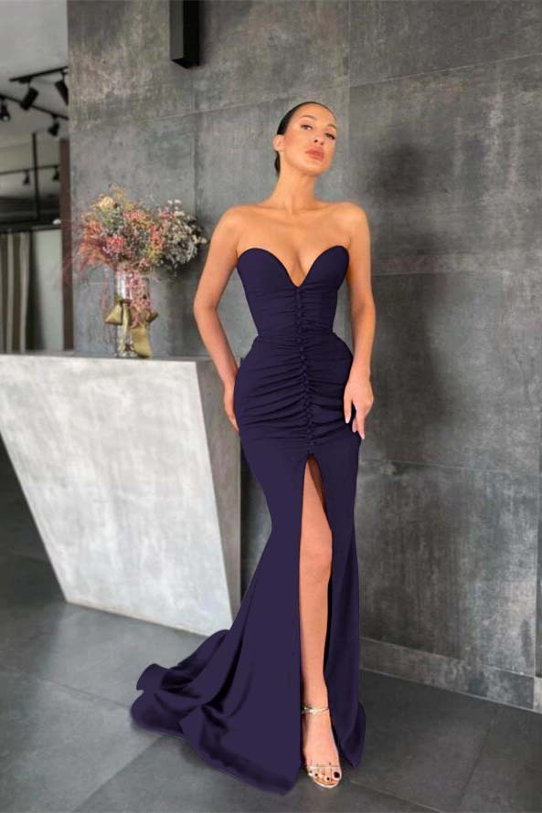 Sleeveless Strapless Long Mermaid Prom Dress With Pleated Split
