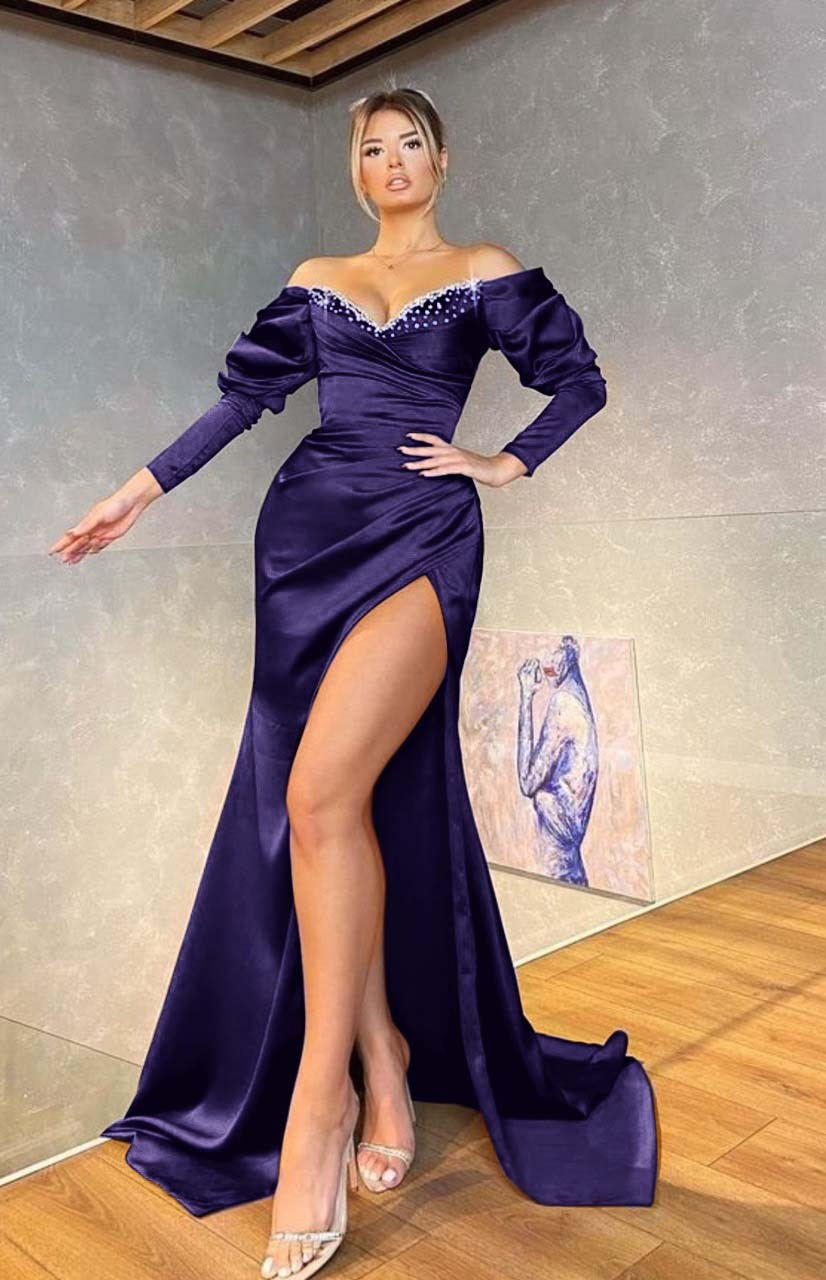 Off the Shoulder Mermaid Royal Blue Long Sleeves Prom Dress Beading