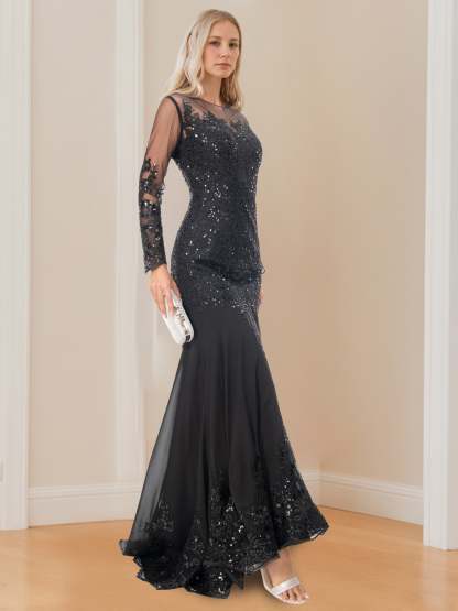 Long-Sleeved Scoop Neck Mermaid/Trumpet Mother of the Bride Dress with Applique