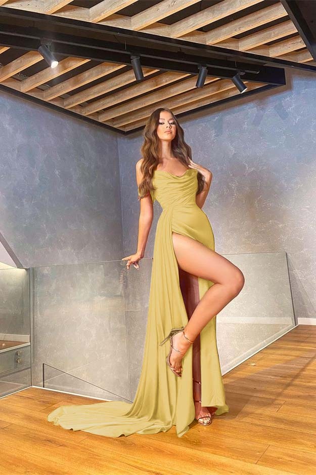 Off the Shoulder Sleeveless High Split Red Long Prom Dress With Pleated