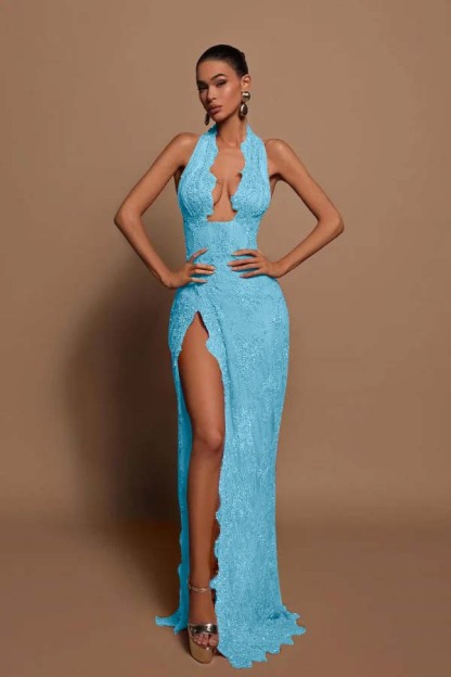 Halter Sleeveless Long Mermaid Prom Dress With Lace Appliques