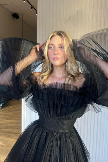 A-Line Blue Tulle Short Homecoming Dress with Detachable Long Sleeves