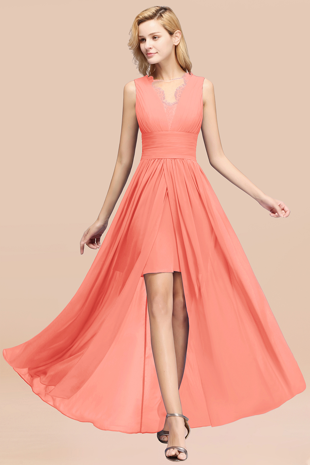 BMbridal Elegant Chiffon Lace Jewel Sleeveless Bridesmaid Dress with Ruffle-BMbridal