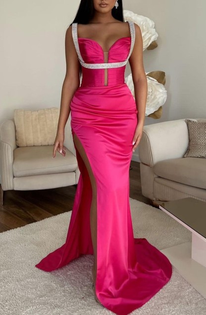 Mermaid Prom Dress Spaghetti Strap Fuchsia With High Split Sleeveless