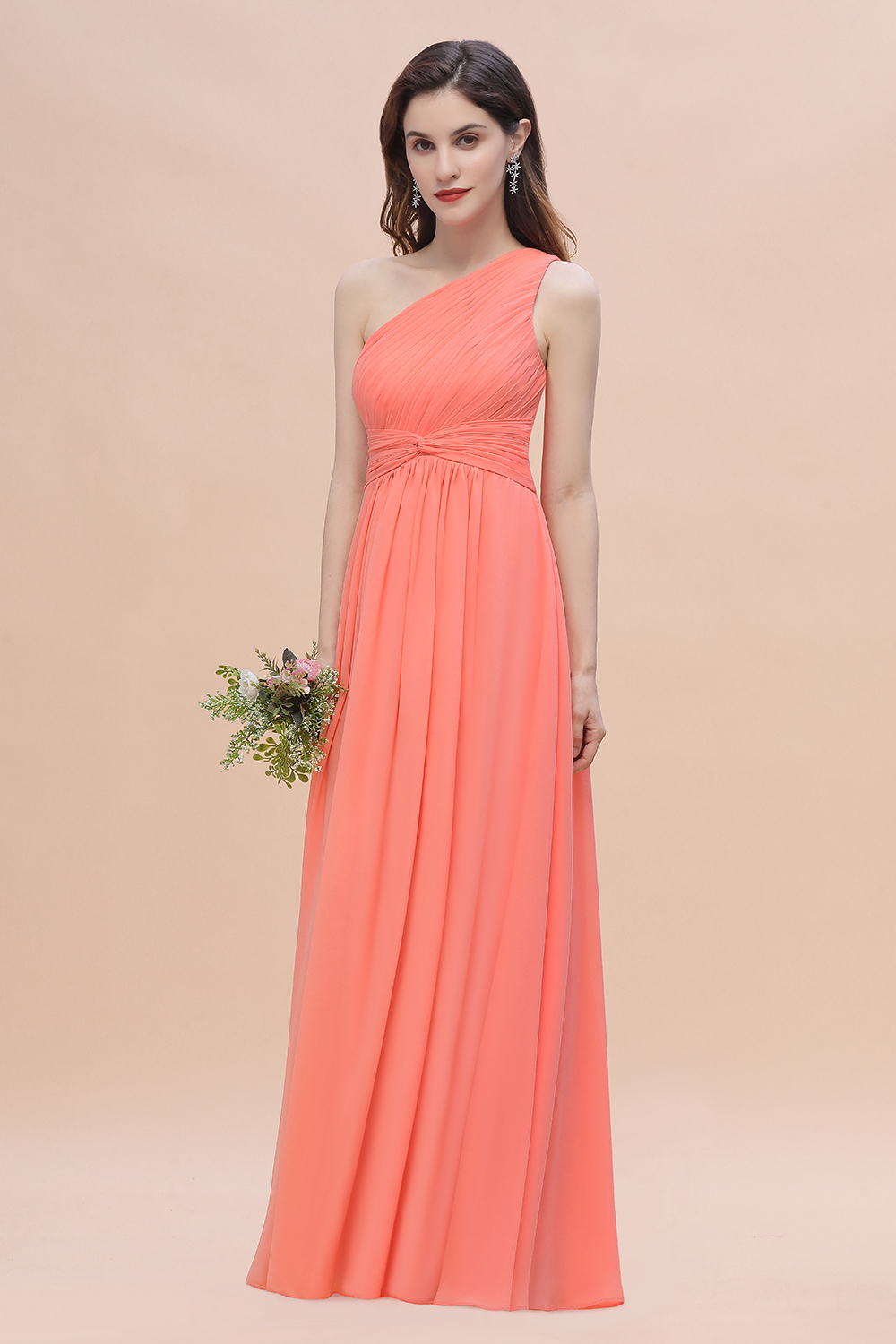 BMbridal Chic One-Shoulder Ruffles Chiffon Coral Bridesmaid Dresses On Sale-BMbridal