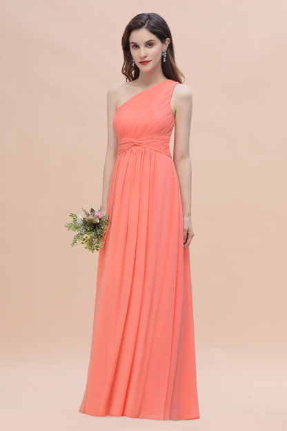 BMbridal Chic One-Shoulder Ruffles Chiffon Coral Bridesmaid Dresses On Sale-BMbridal