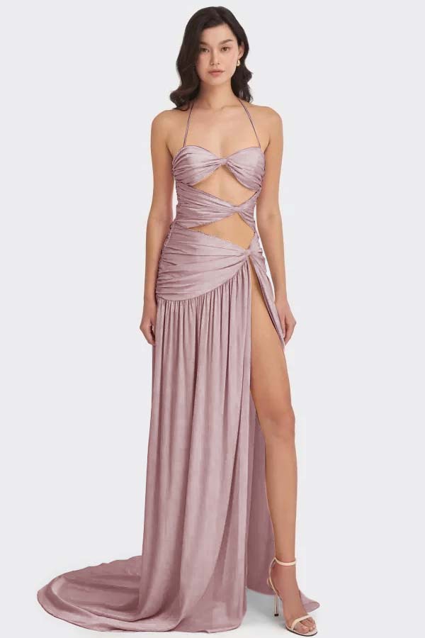 Chic Sleeveless Halter Long High Split Prom Dress With Pleated
