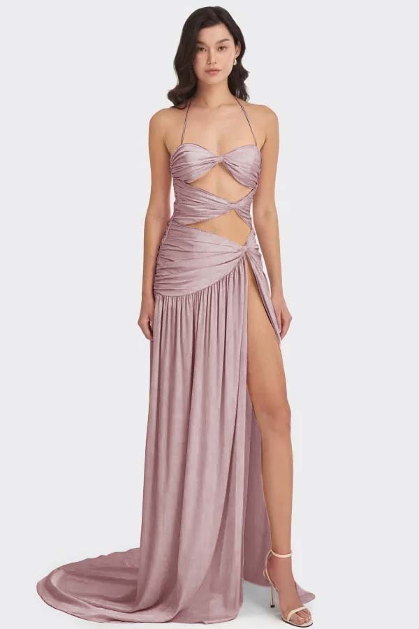 Chic Sleeveless Halter Long High Split Prom Dress With Pleated