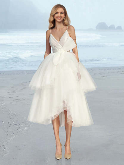 V-Neck Princess A-Line Tea-Length Bridal Gown