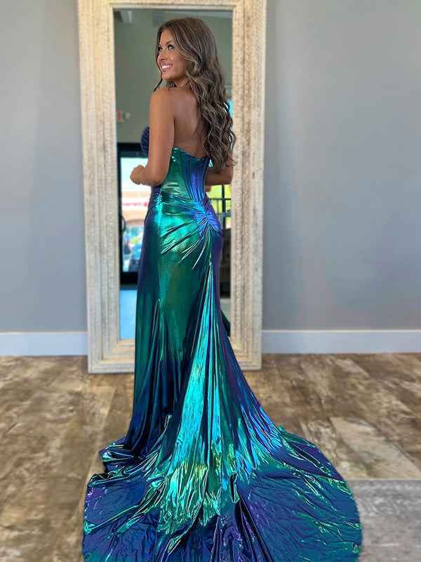 Dark Green Mermaid Sweetheart Metallic Corset Long Prom Dress with Slit