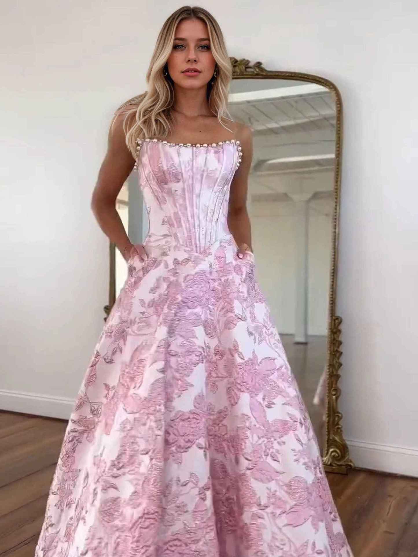 Prom Dresses 3D Floral Strapless Evening Party Dresses with Bead