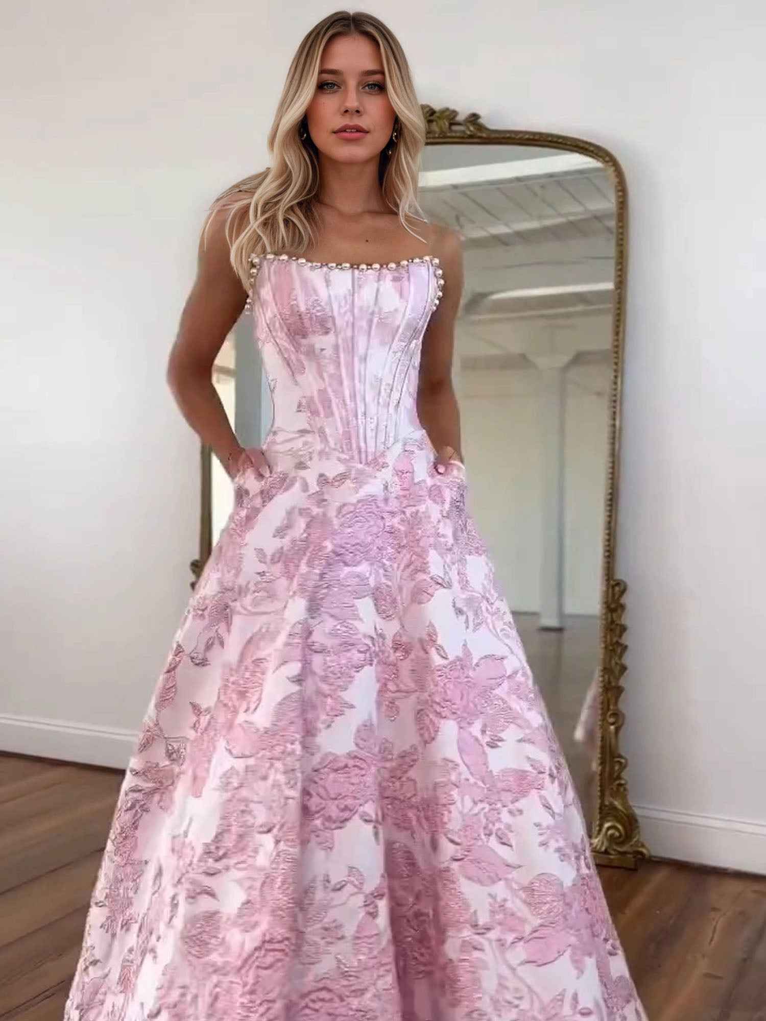 Prom Dresses 3D Floral Strapless Evening Party Dresses with Bead