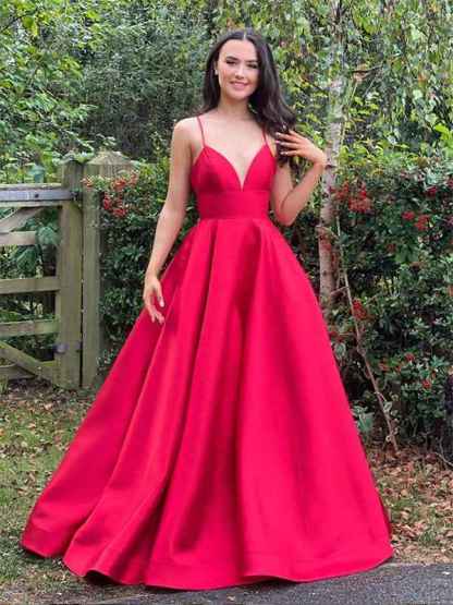 Red A Line Spaghetti Straps V Neck Satin Long Prom Dress
