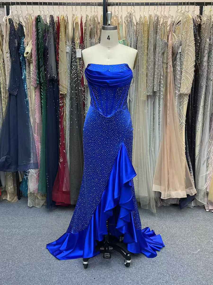 Mermaid Strapless Corset Bodice Long Prom Dress with Ruffle Slit