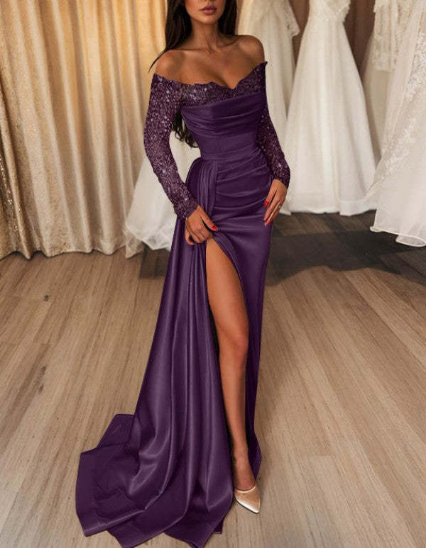 Off-the-Shoulder Floor-Length Prom Dress with Side Split and Sequins
