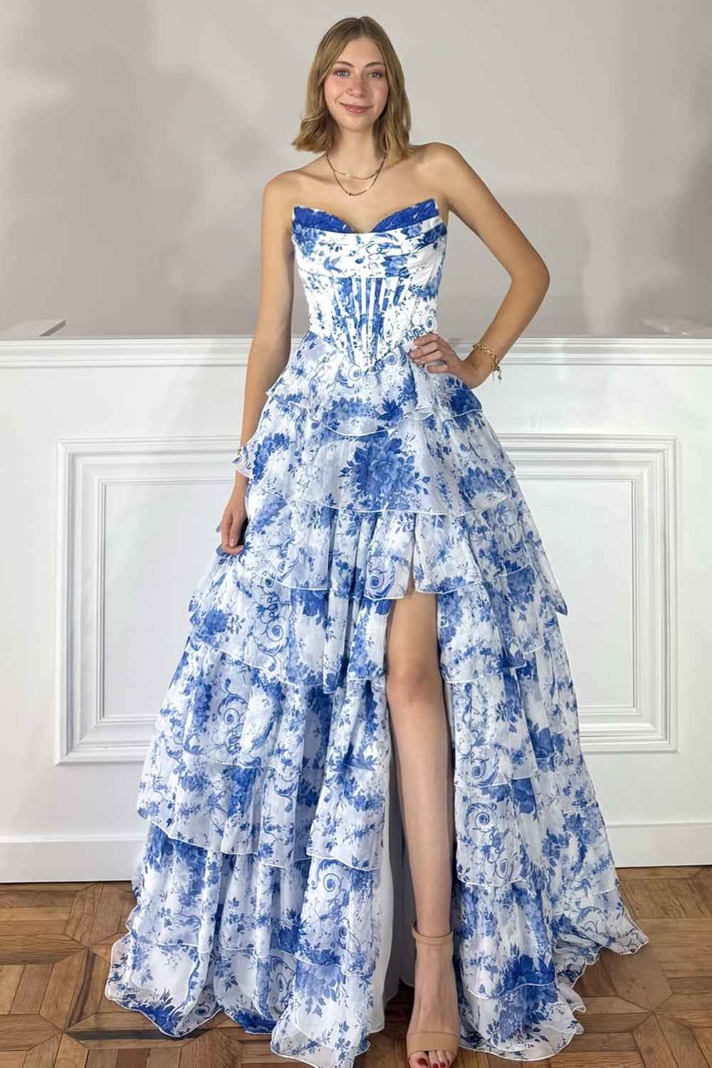 Floral Blue A-Line Corset Tiered Long Chiffon Prom Dress with Slit