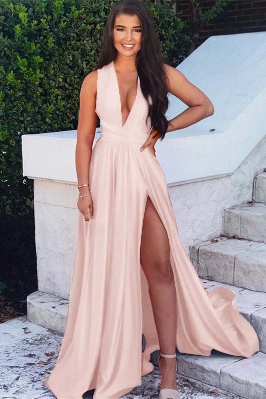 Sleeveless Fuchsia Deep V Neck Backless A Line Long Prom Dress With Split