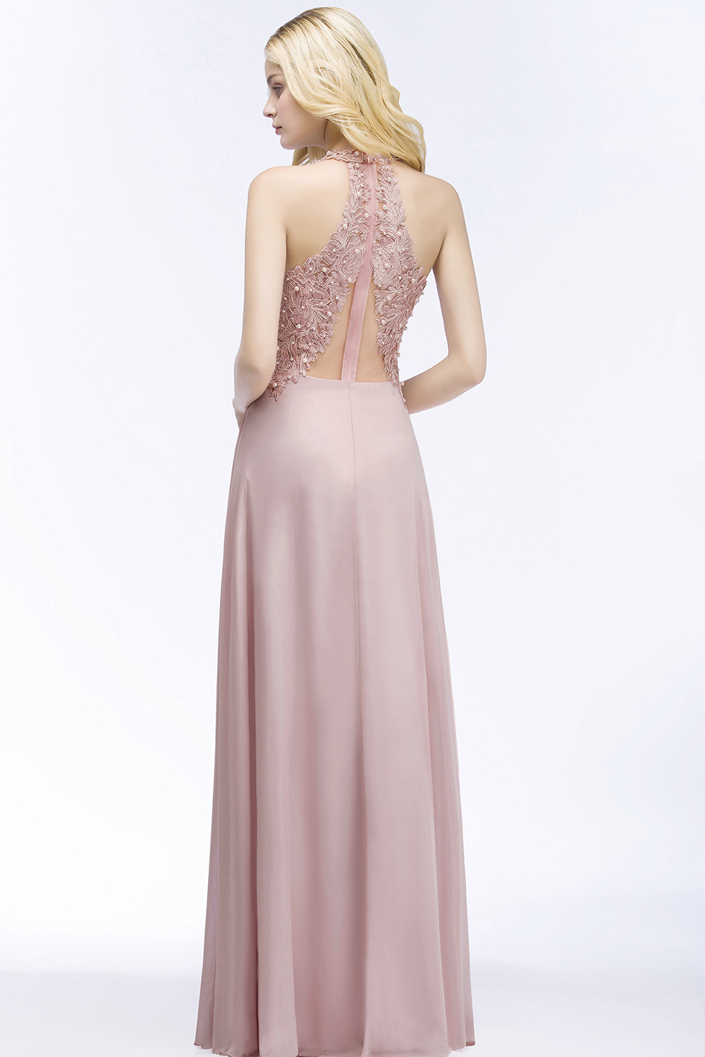 BMbridal Chic Lace V-neck Pink Chiffon Bridesmaid Dress with Pearls-BMbridal