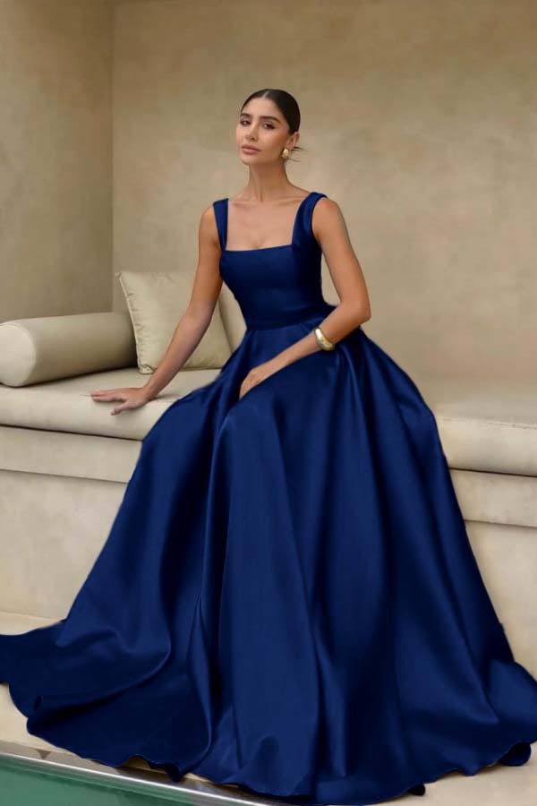 Stain Straps Sleeveless A Line Long Prom Dress With Pleated