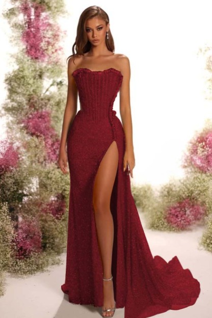 Strapless Sleeveless Long Split Prom Dress With Pleated Sequins