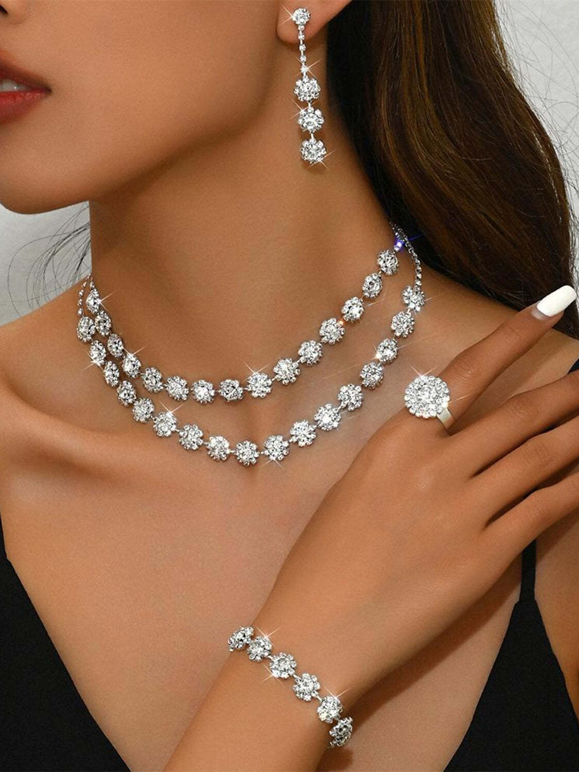 5-piece rhinestone jewelry set with alloy rings earrings and bracelets for women