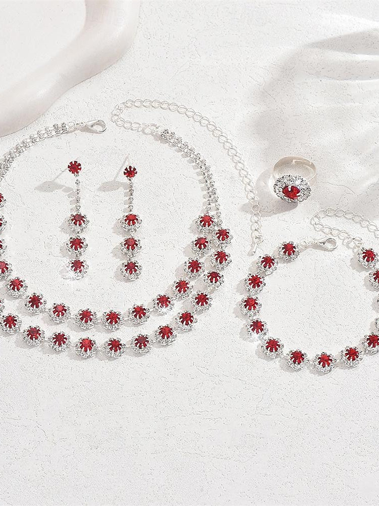 5-piece rhinestone jewelry set with alloy rings earrings and bracelets for women