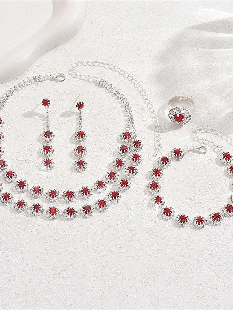 5-piece rhinestone jewelry set with alloy rings earrings and bracelets for women