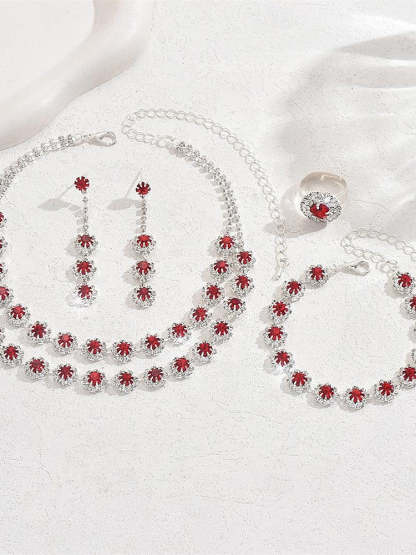 5-piece rhinestone jewelry set with alloy rings earrings and bracelets for women