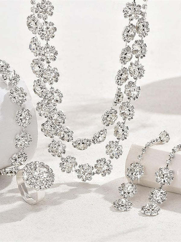 5-piece rhinestone jewelry set with alloy rings earrings and bracelets for women