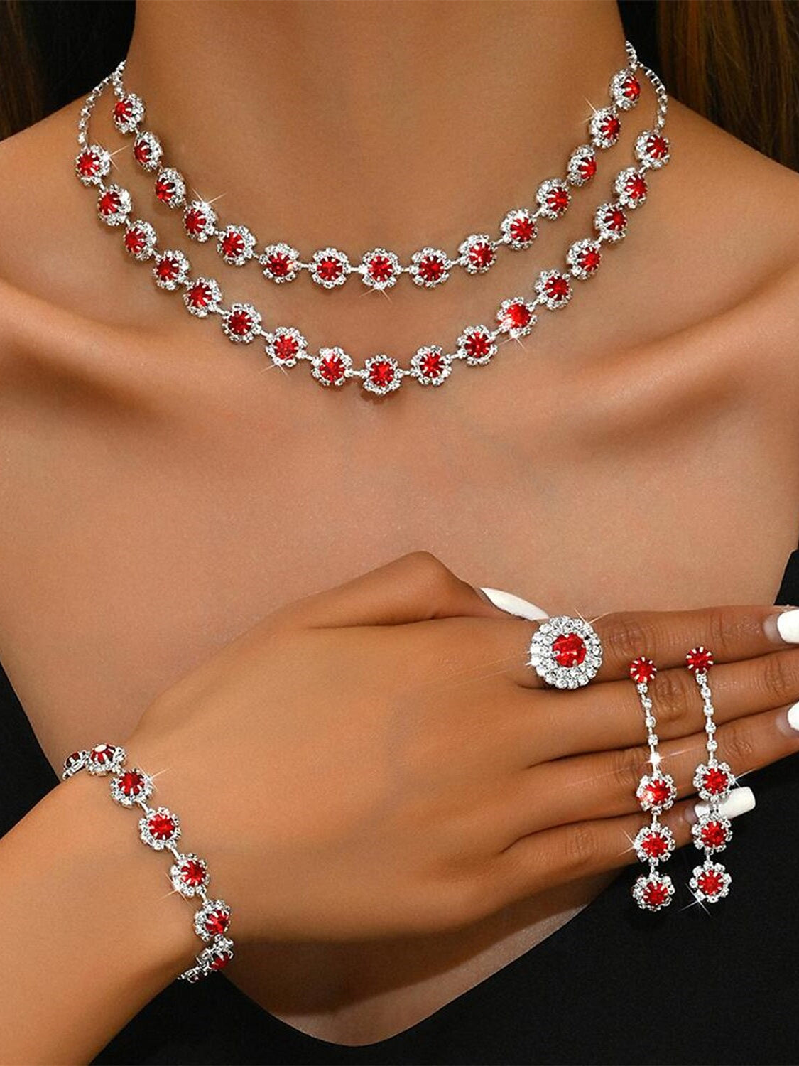 5-piece rhinestone jewelry set with alloy rings earrings and bracelets for women