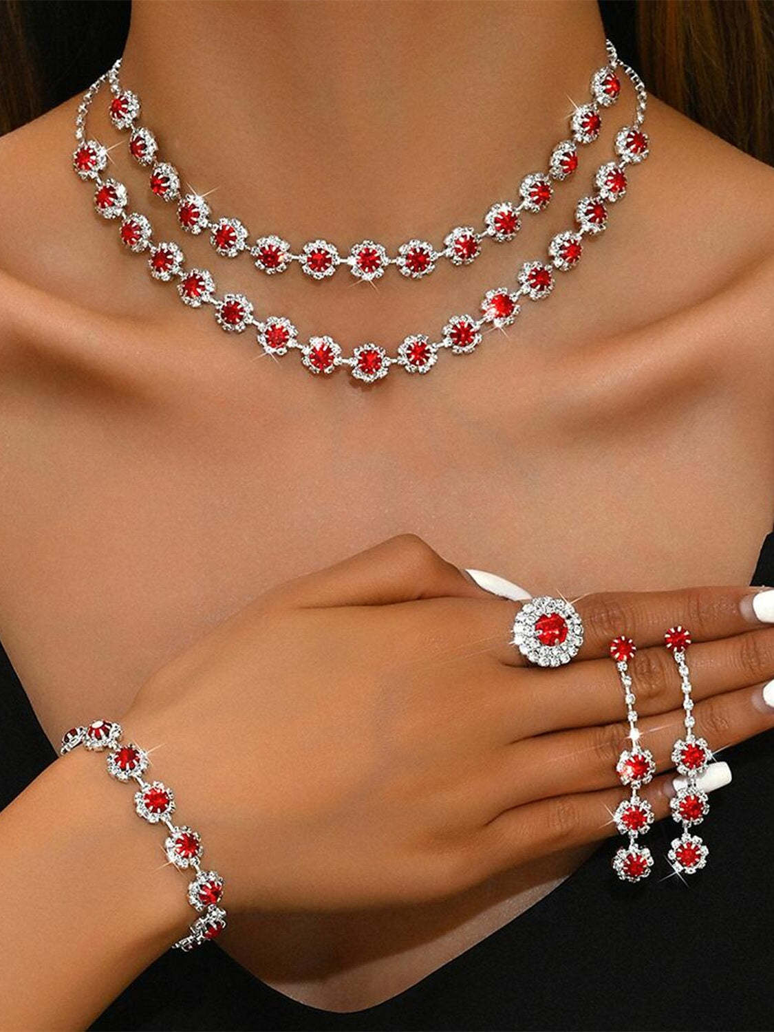 5-piece rhinestone jewelry set with alloy rings earrings and bracelets for women