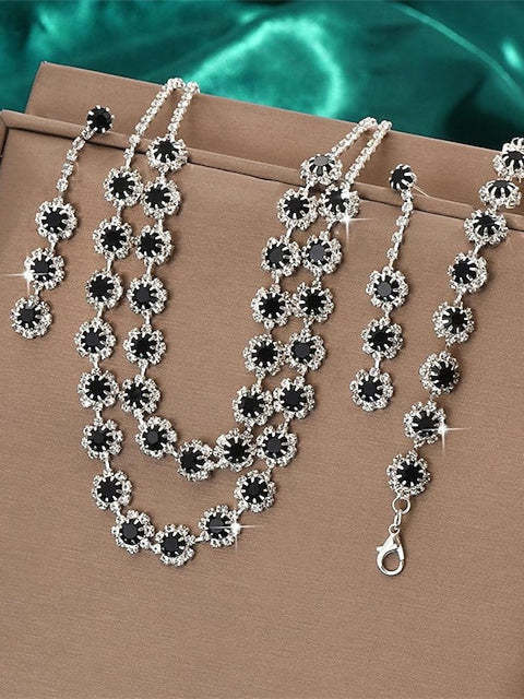 5-piece rhinestone jewelry set with alloy rings earrings and bracelets for women