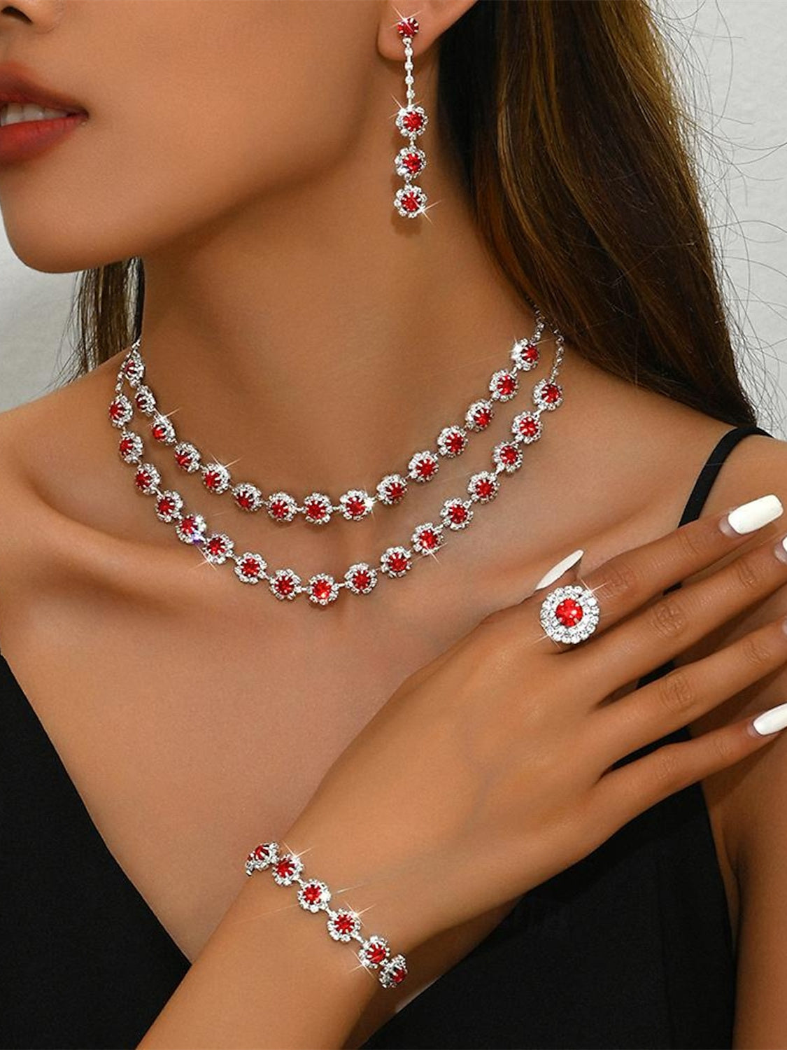 5-piece rhinestone jewelry set with alloy rings earrings and bracelets for women