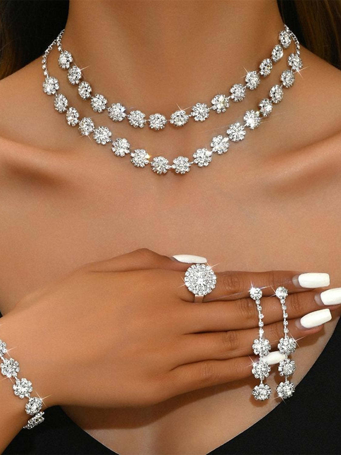 5-piece rhinestone jewelry set with alloy rings earrings and bracelets for women