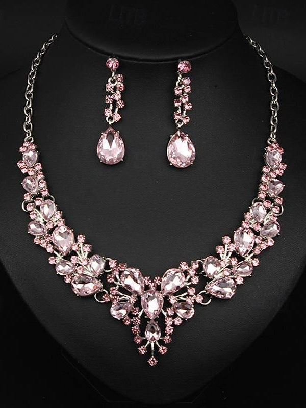 Elegant vintage women's jewelry set: 3-piece glass and alloy necklace with earrings for weddings and parties-BMbridal.UK