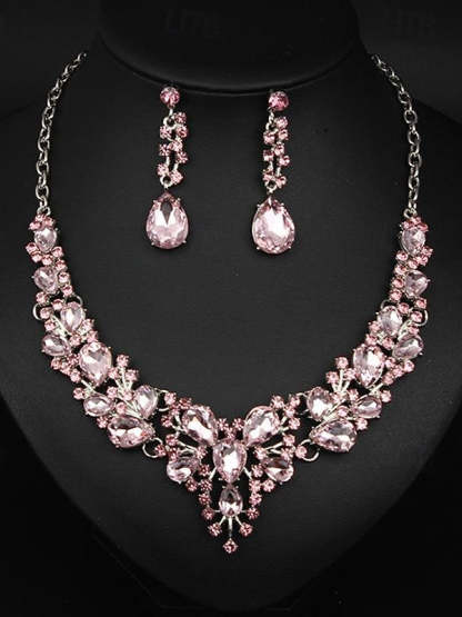 Elegant vintage women's jewelry set: 3-piece glass and alloy necklace with earrings for weddings and parties-BMbridal.UK