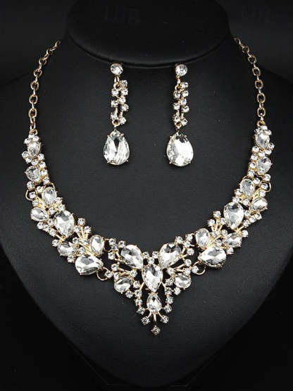 Elegant vintage women's jewelry set: 3-piece glass and alloy necklace with earrings for weddings and parties-BMbridal.UK