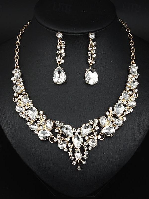 Elegant vintage women's jewelry set: 3-piece glass and alloy necklace with earrings for weddings and parties-BMbridal.UK