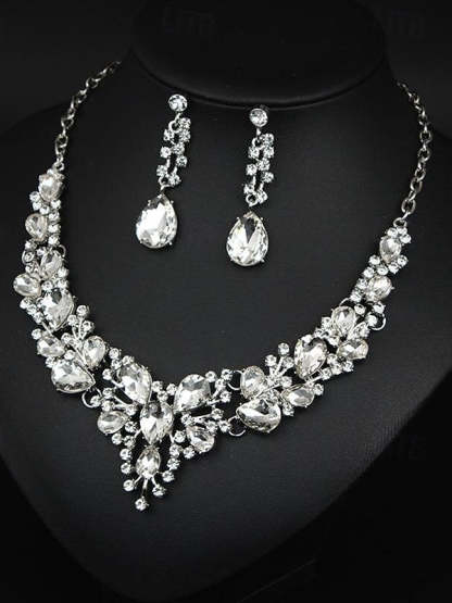 Elegant vintage women's jewelry set: 3-piece glass and alloy necklace with earrings for weddings and parties-BMbridal.UK
