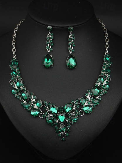 Elegant vintage women's jewelry set: 3-piece glass and alloy necklace with earrings for weddings and parties-BMbridal.UK
