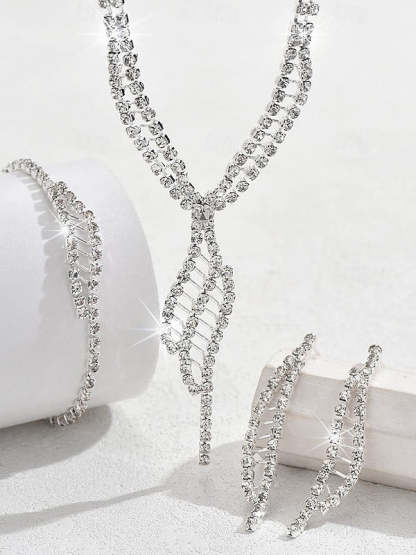 Elegant Vintage 4-Piece Rhinestone Jewelry Set for Women - Necklace Earrings Bracelets