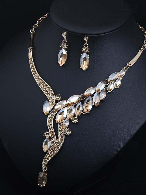 Vintage 3-piece Rhinestone Alloy Jewelry Set for Women - Earrings and Necklace