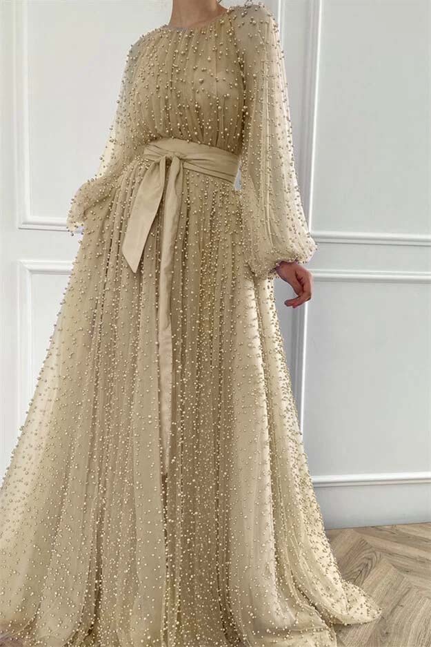 Long Sleeves Long Jewel Neck Prom Dress With Pleated Beading