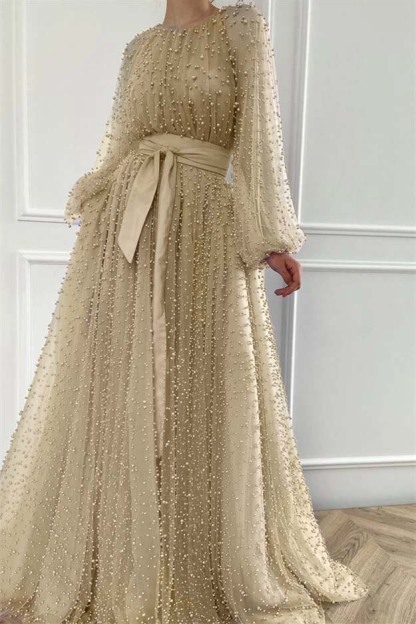 Long Sleeves Long Jewel Neck Prom Dress With Pleated Beading